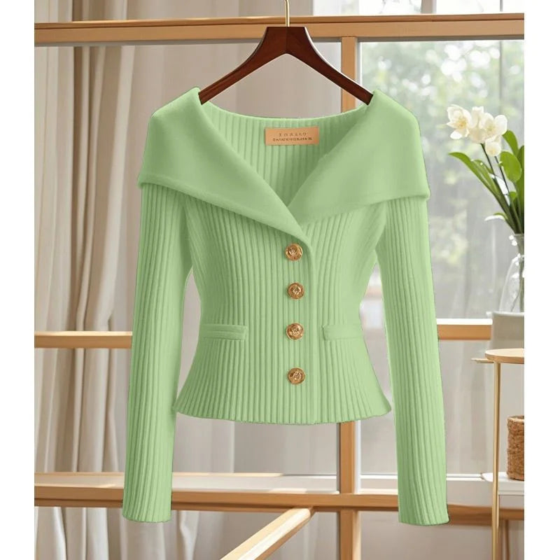 Camille™ – Ribbed Cardigan with Draped Collar
