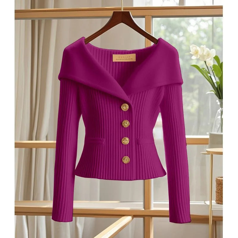 Camille™ – Ribbed Cardigan with Draped Collar