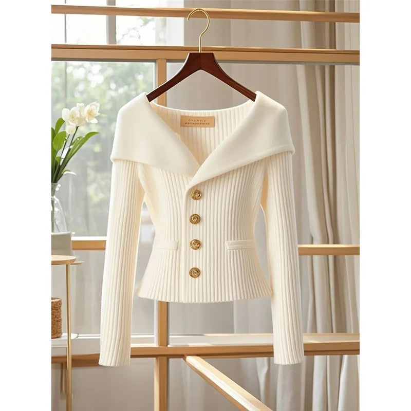 Camille™ – Ribbed Cardigan with Draped Collar
