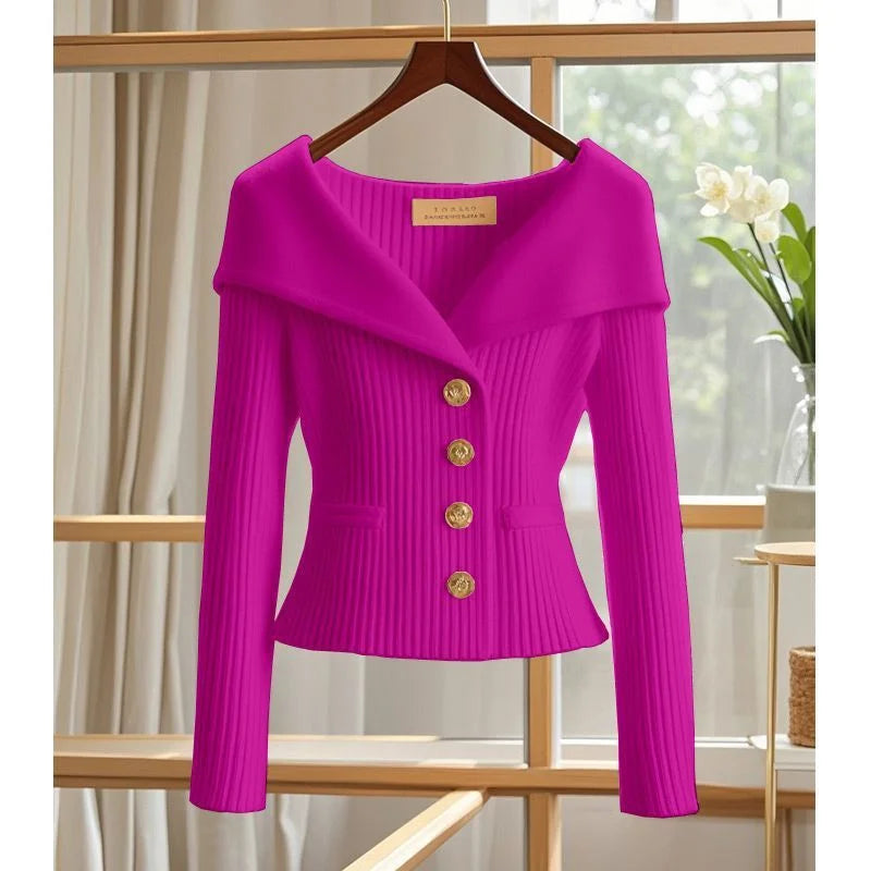 Camille™ – Ribbed Cardigan with Draped Collar