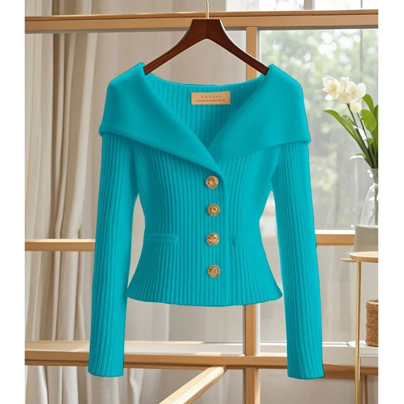 Camille™ – Ribbed Cardigan with Draped Collar